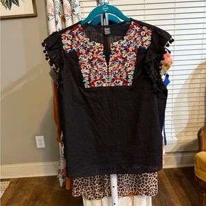 SHEIN Black and Pink Ruffled Embellished Blouse